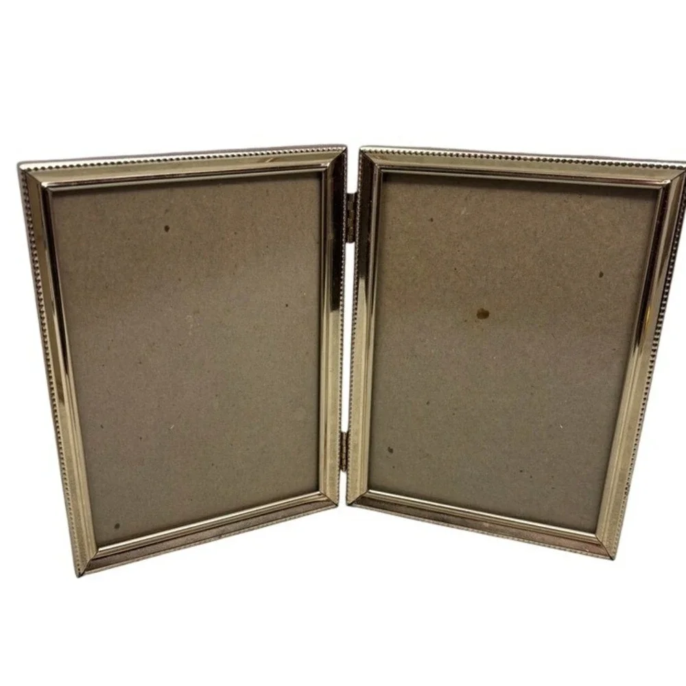 Vintage Gold Tone Metal Folding Double Picture Frame Beaded Edge 5x7